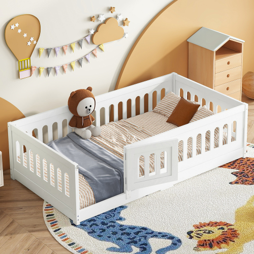Twin Size Floor Bed with Heightened Safety Guardrails and Door, Solid Wood Bedframe with Rails for Girls, Boys, Teens, Child Bedroom, Kids Playroom, No Slats Included, White、、casual