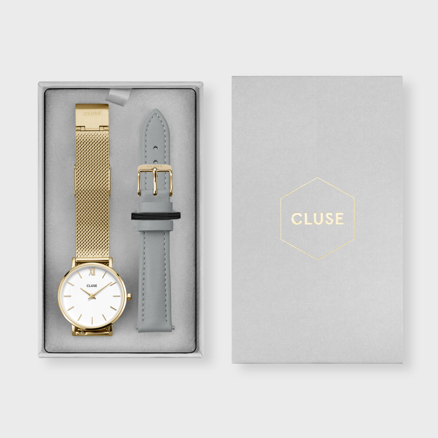 Gift Box Minuit Watch Mesh, Gold Colour & Grey Leather Strap、mySite、botmansion