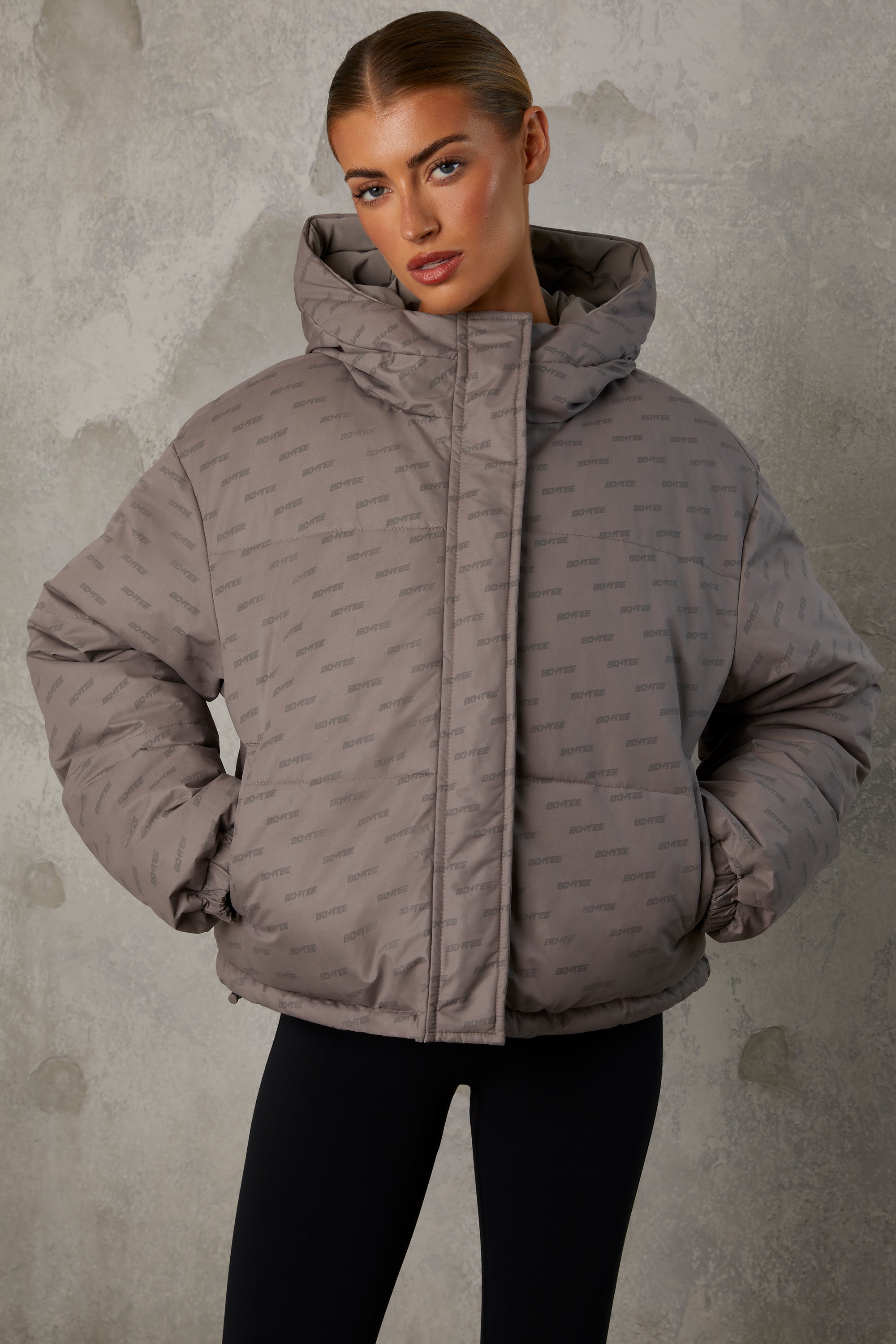 Reversible Hooded Puffer Jacket in Warm Grey、mySite、solidvoid