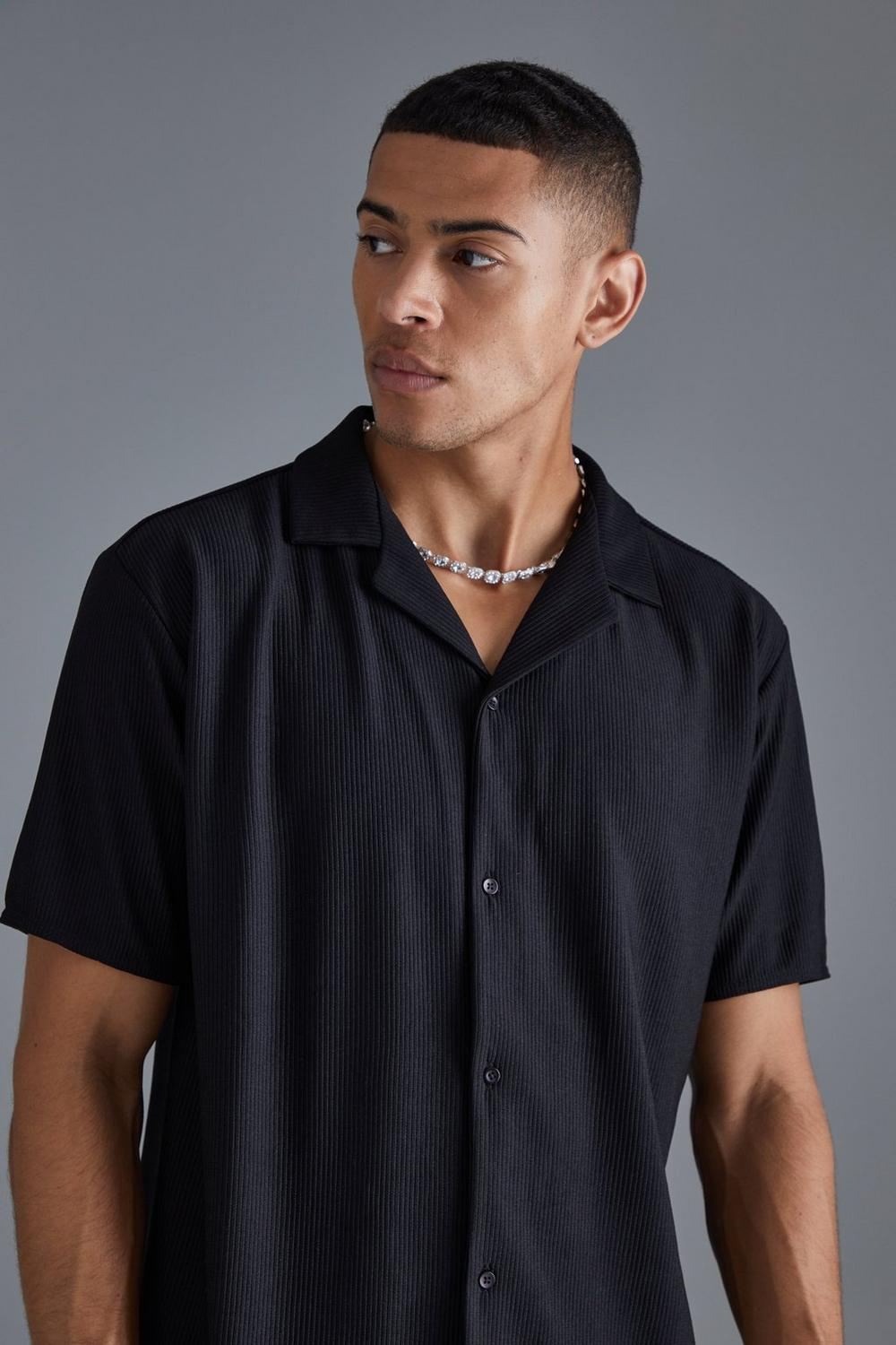 Boohooman Short Sleeve Ribbed Revere Oversized Shirt Black、mySite、justintrudeaud