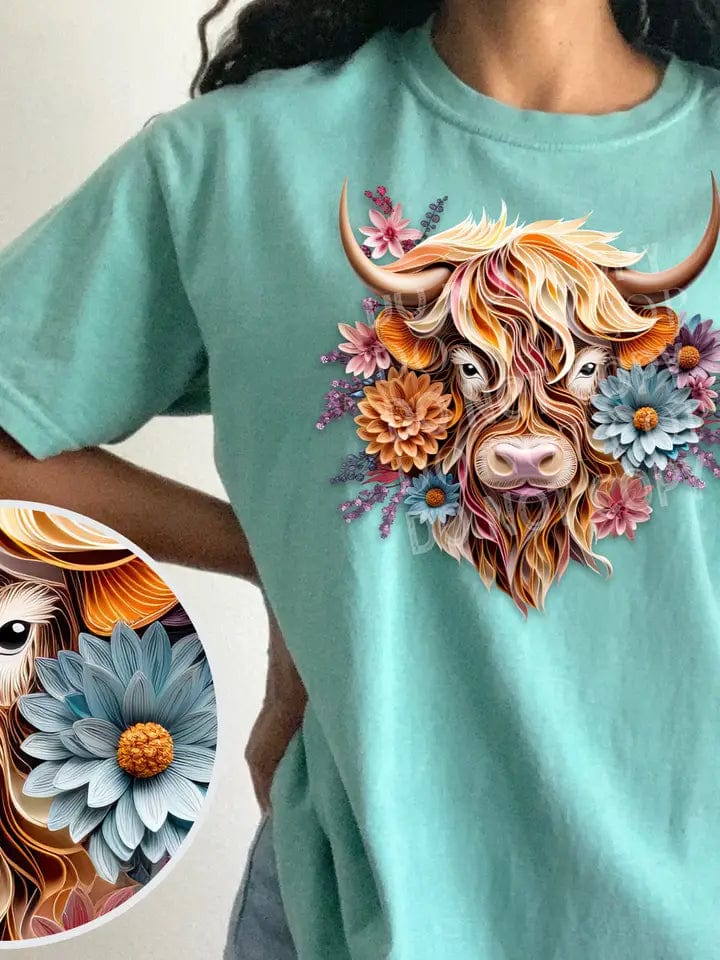 Highland Cow 3D Floral Art T-Shirt、mySite、g9winljtr