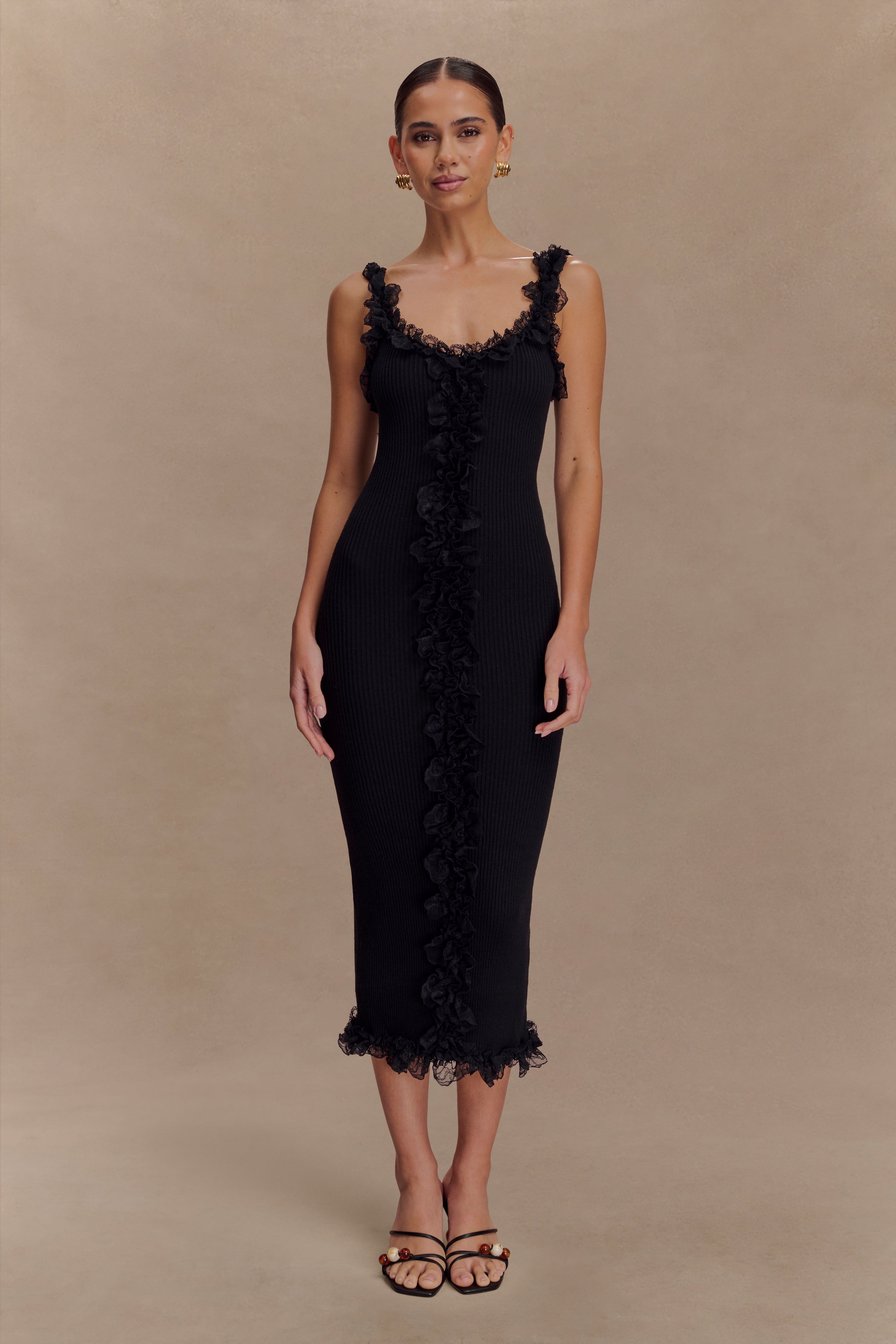 Shay Lace Ruffle Knit Midi Dress - Black、mySite、solidvoid