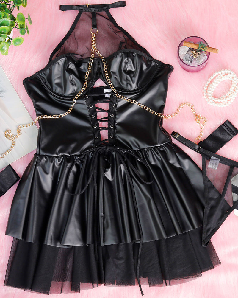 PU Leather Halterneck Tie Mesh Mini Dress、mySite、bengalsvssteelers