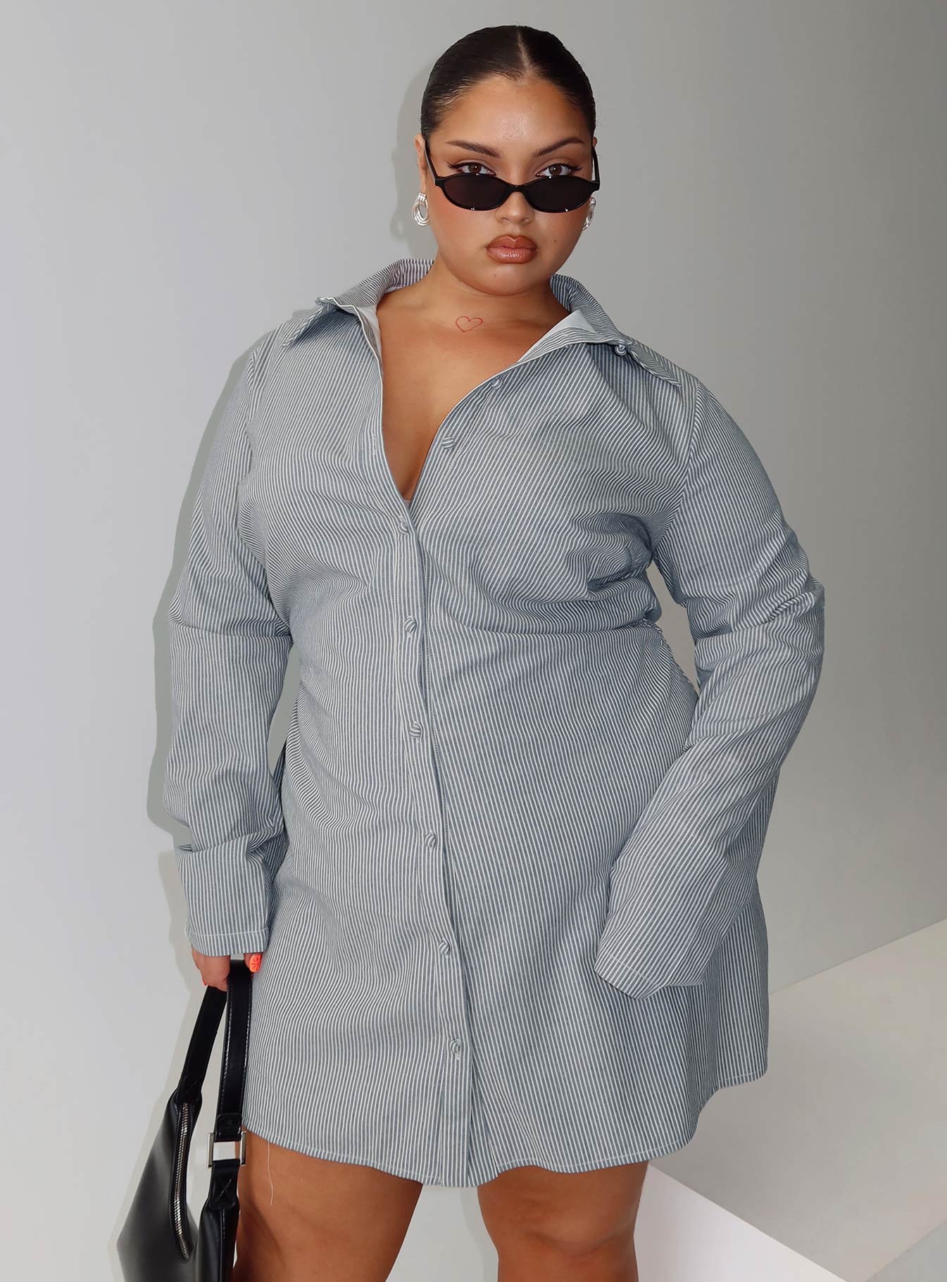 Publicity Long Sleeve Mini Dress Blue Pinstripe Curve、mySite、solidvoid