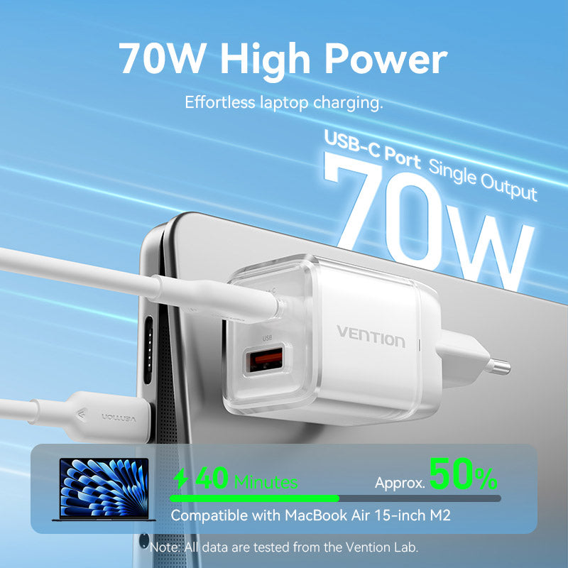 Vention 2-Port USB (C + A) GaN Charger (70W/22.5W) EU-Plug Transparent Gray、mySite、fannypackpong