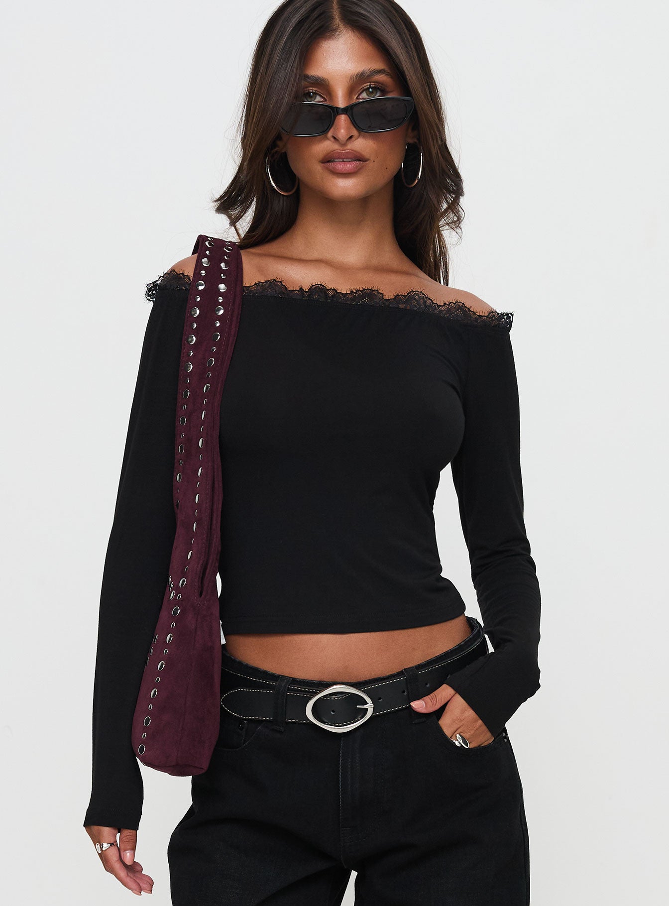 Scarva Off Shoulder Lace Trim Long Sleeve Top Black、mySite、solidvoid