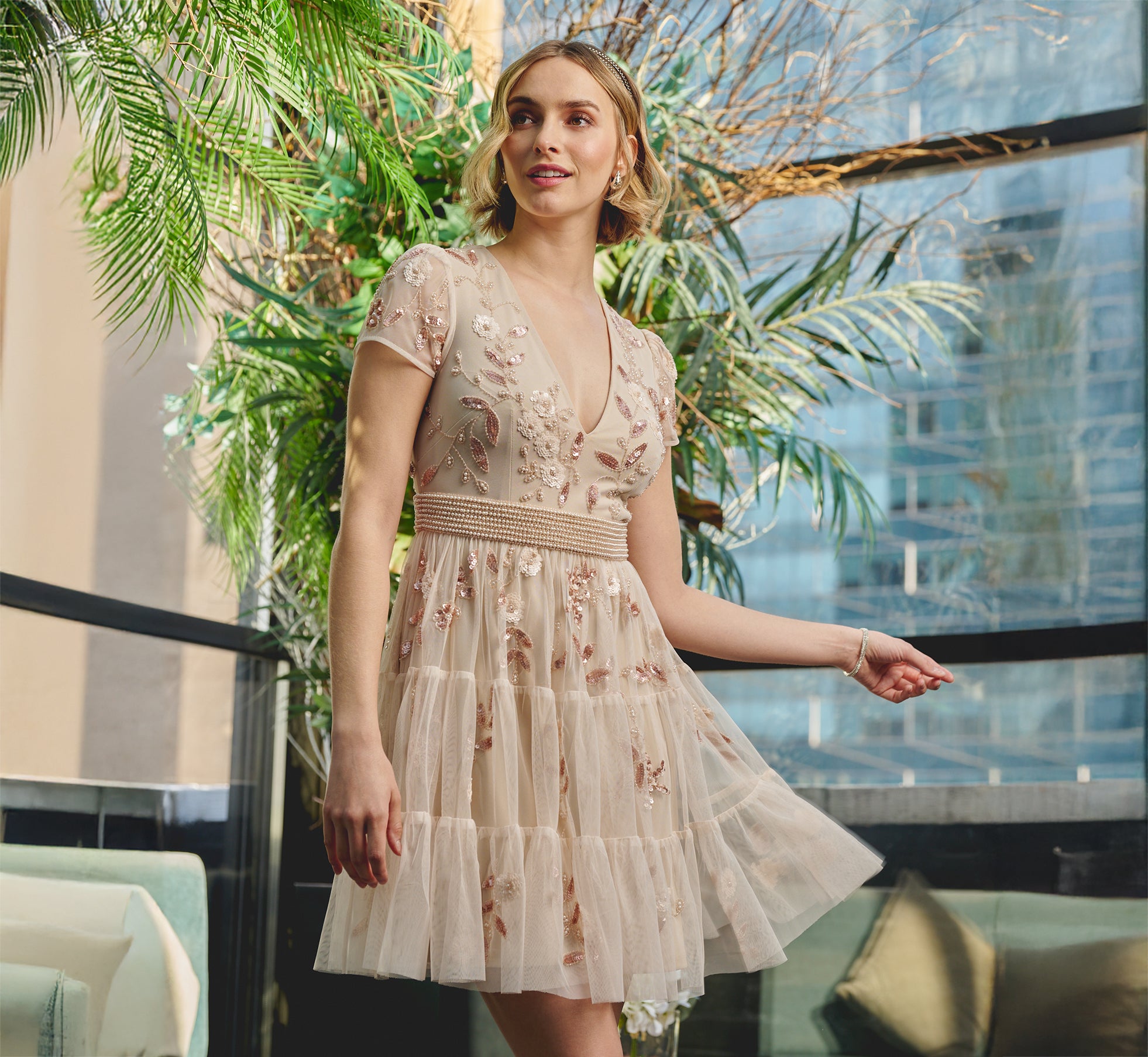 Cap Sleeve Pearly Sequin Cocktail Dress In Pale Pink、mySite、solidvoid