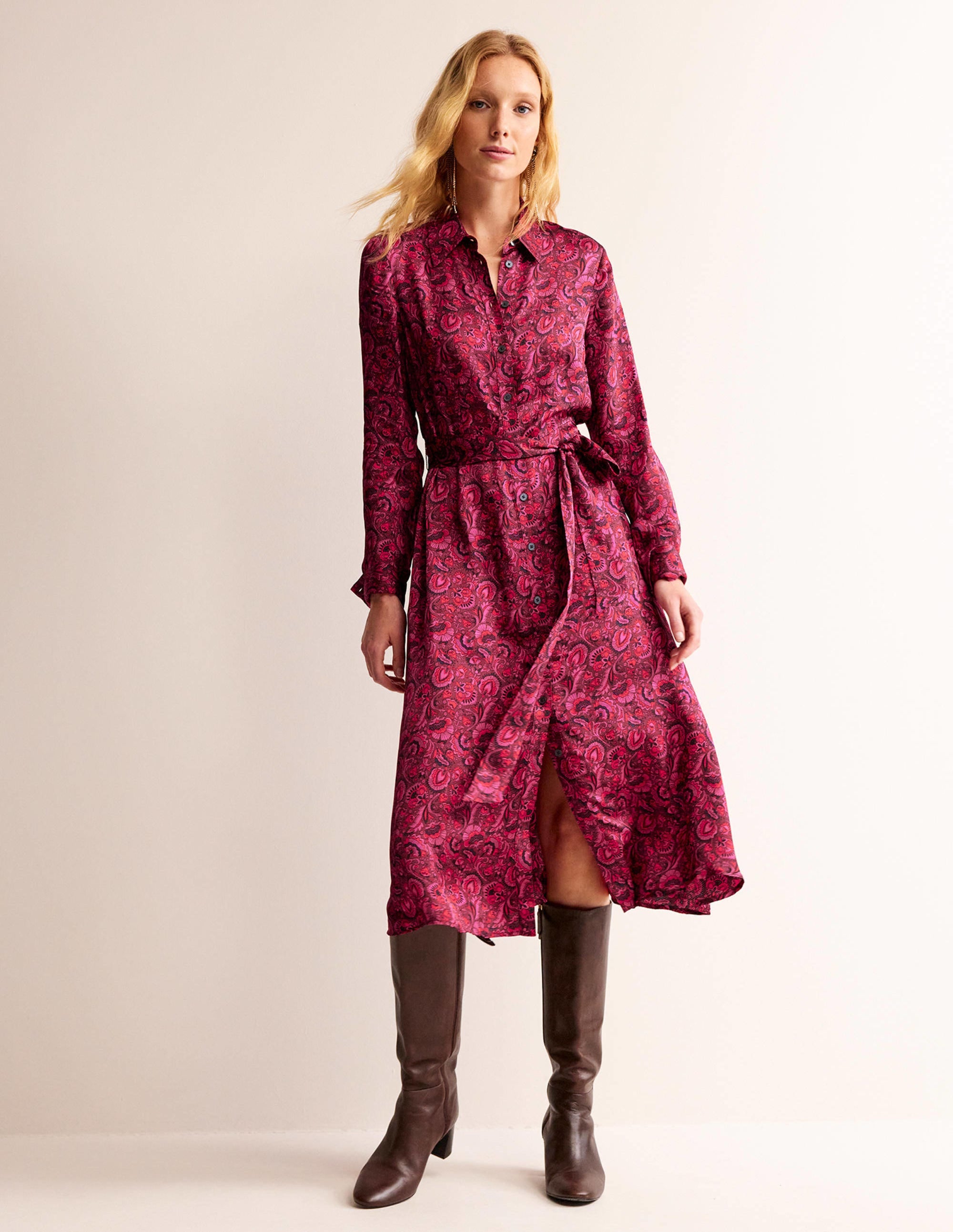  Kate Satin Shirt Dress-Burgundy Red, Florist、mySite、ashleygrahame
