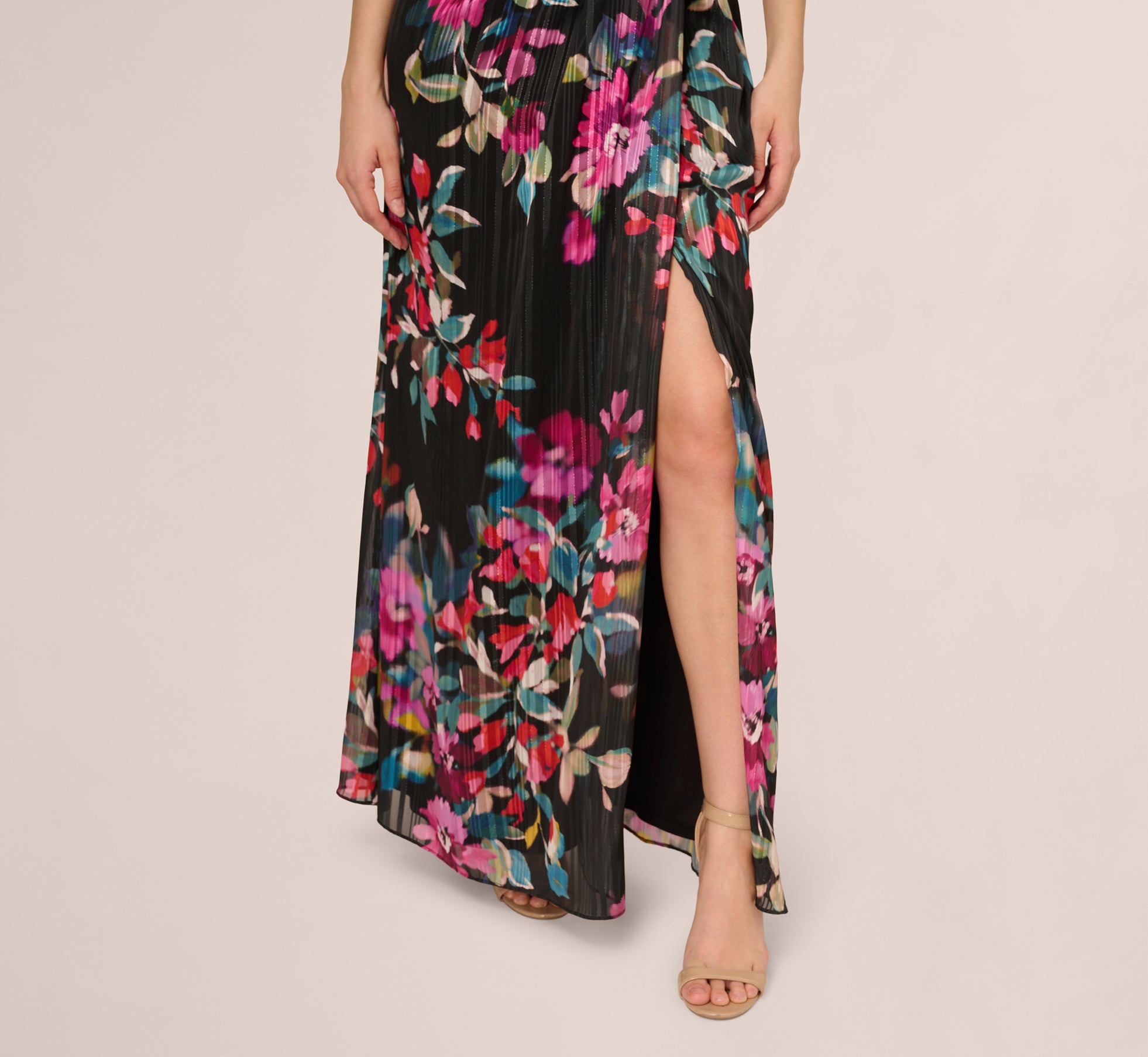 One Shoulder Metallic Floral Stripe Gown In Black Multi、mySite、solidvoid
