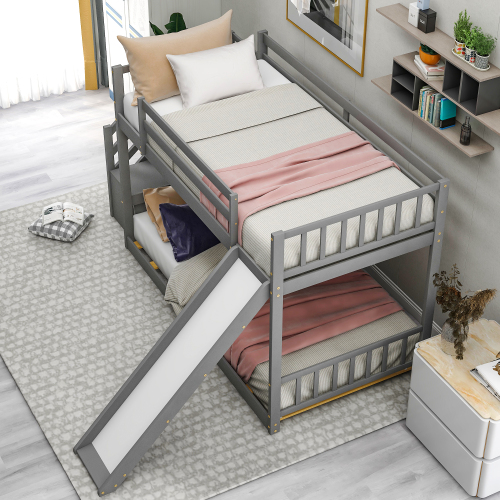 Twin over Twin Bunk Bed with Convertible Slide and Stairway, Gray、、casual
