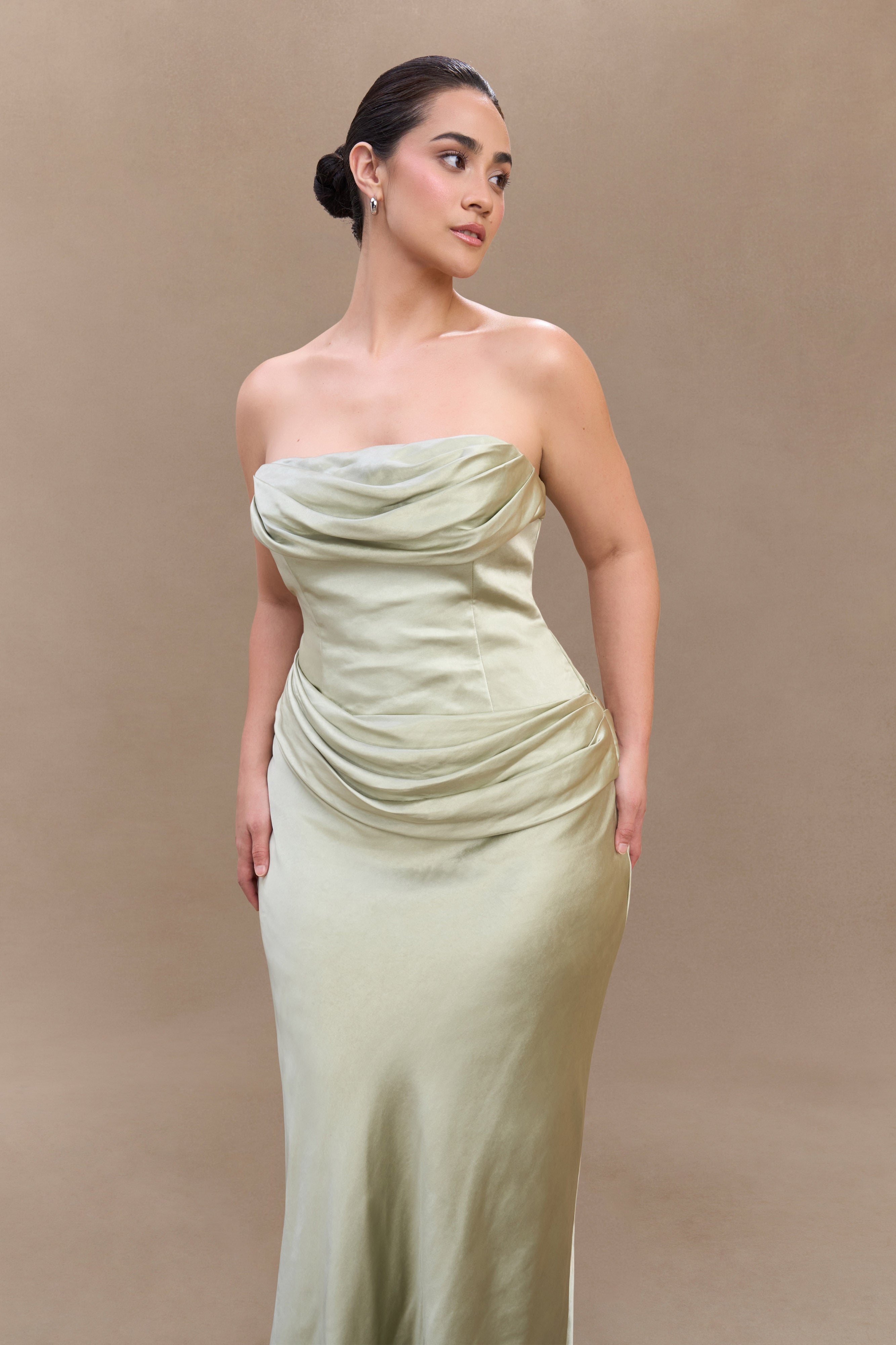 Jasmine Strapless Satin Maxi Dress - Sage、mySite、solidvoid