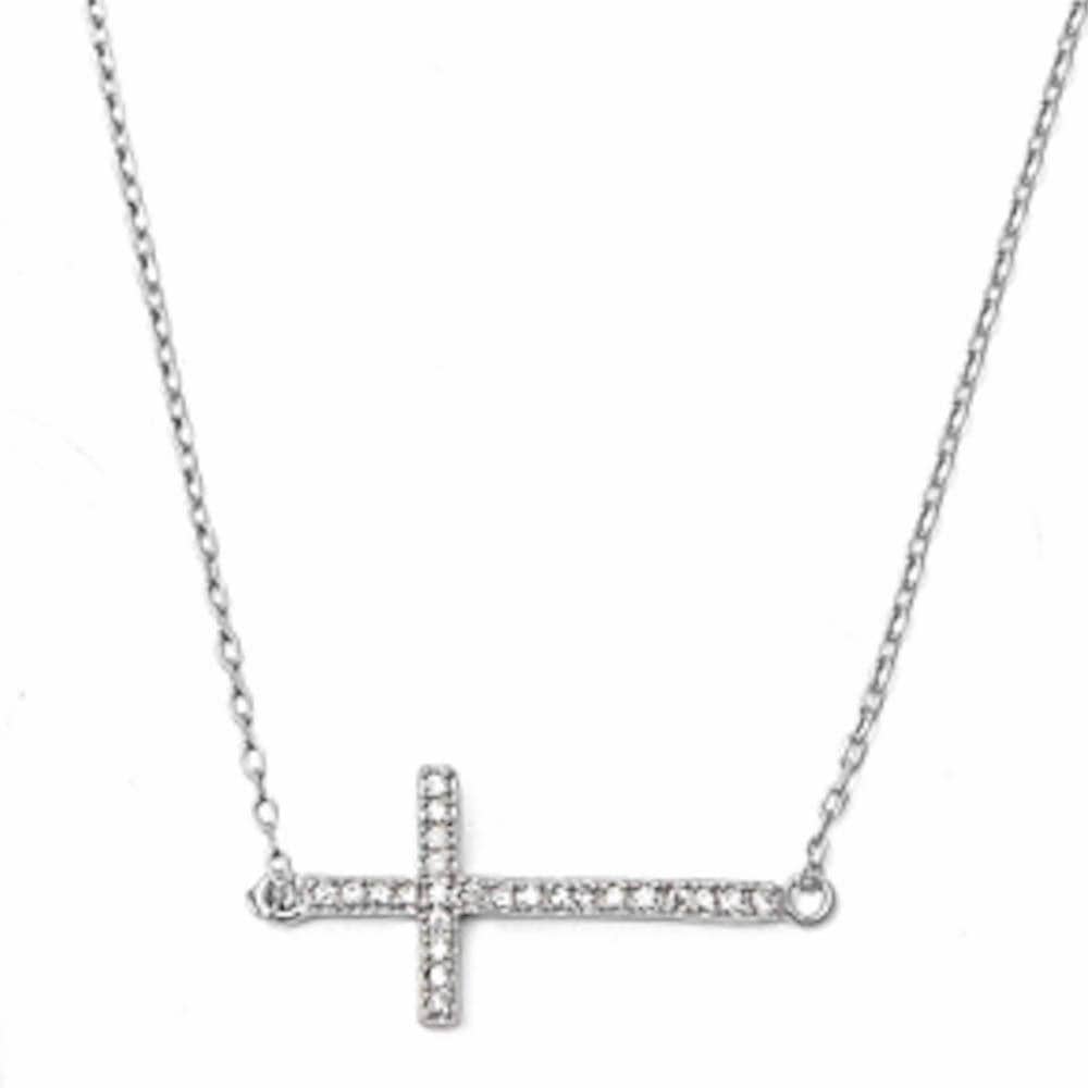 Sideways Cross Necklace with CZ Sterling Silver White, Yellow or Rose Gold Plated、mySite、g9winljtr