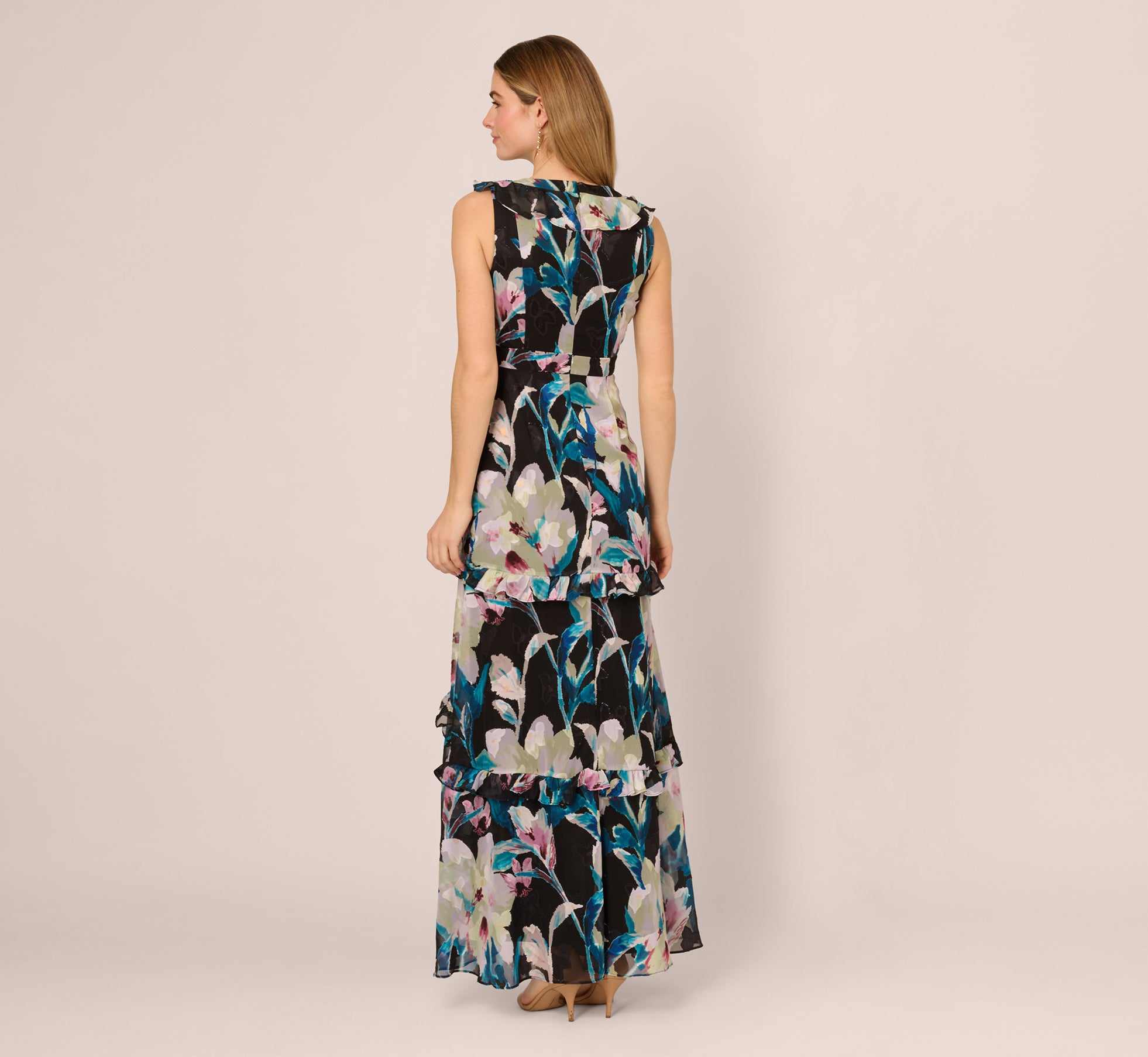 Sleeveless Floral Chiffon High Low Ruffle Gown In Black Multi、mySite、solidvoid