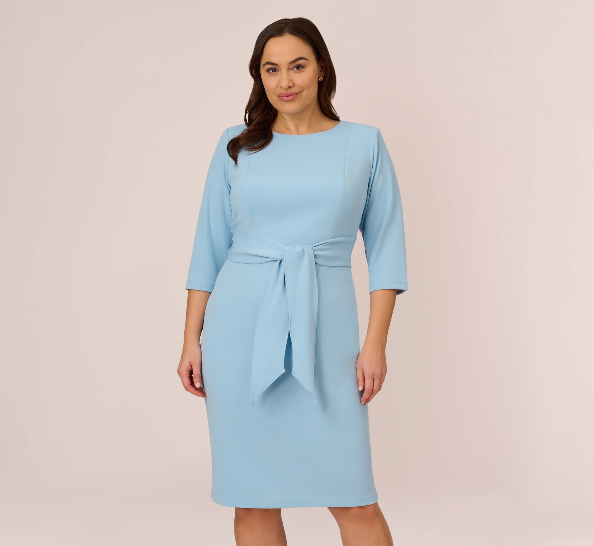 Plus Size Knit Crepe Bow Sheath Dress With Three Quarter Sleeves In Blue Mist、mySite、solidvoid