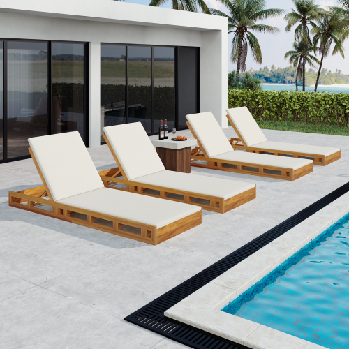 LOUNGE CHAISE SET, ACACIA WOOD WITH WATER-RESISTANT LOUNGE CUSHIONS (CREAM & 4 INCH THICK) - MATCHING DARK GREY VERSION AVAILABLE、、eastwooduniform