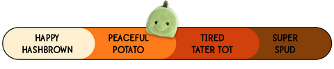 A Spudsters stegosaurus dino plush by Aurora that is placed at happy hashbrown on the spud-o-meter