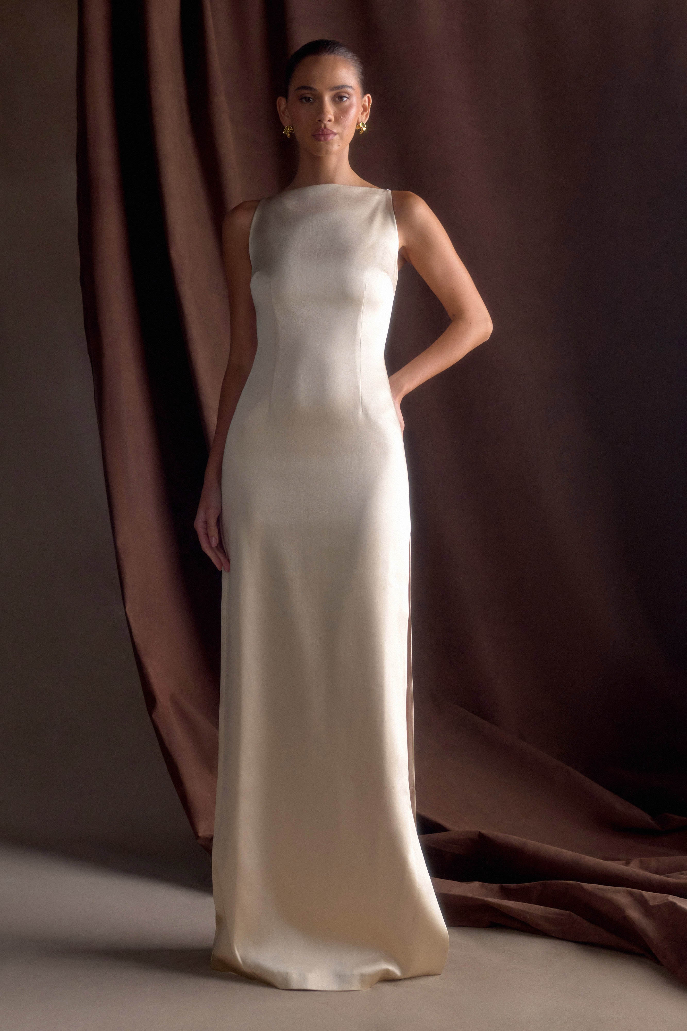 Violet Sleeveless Satin Maxi Dress - Blush Gold、mySite、solidvoid