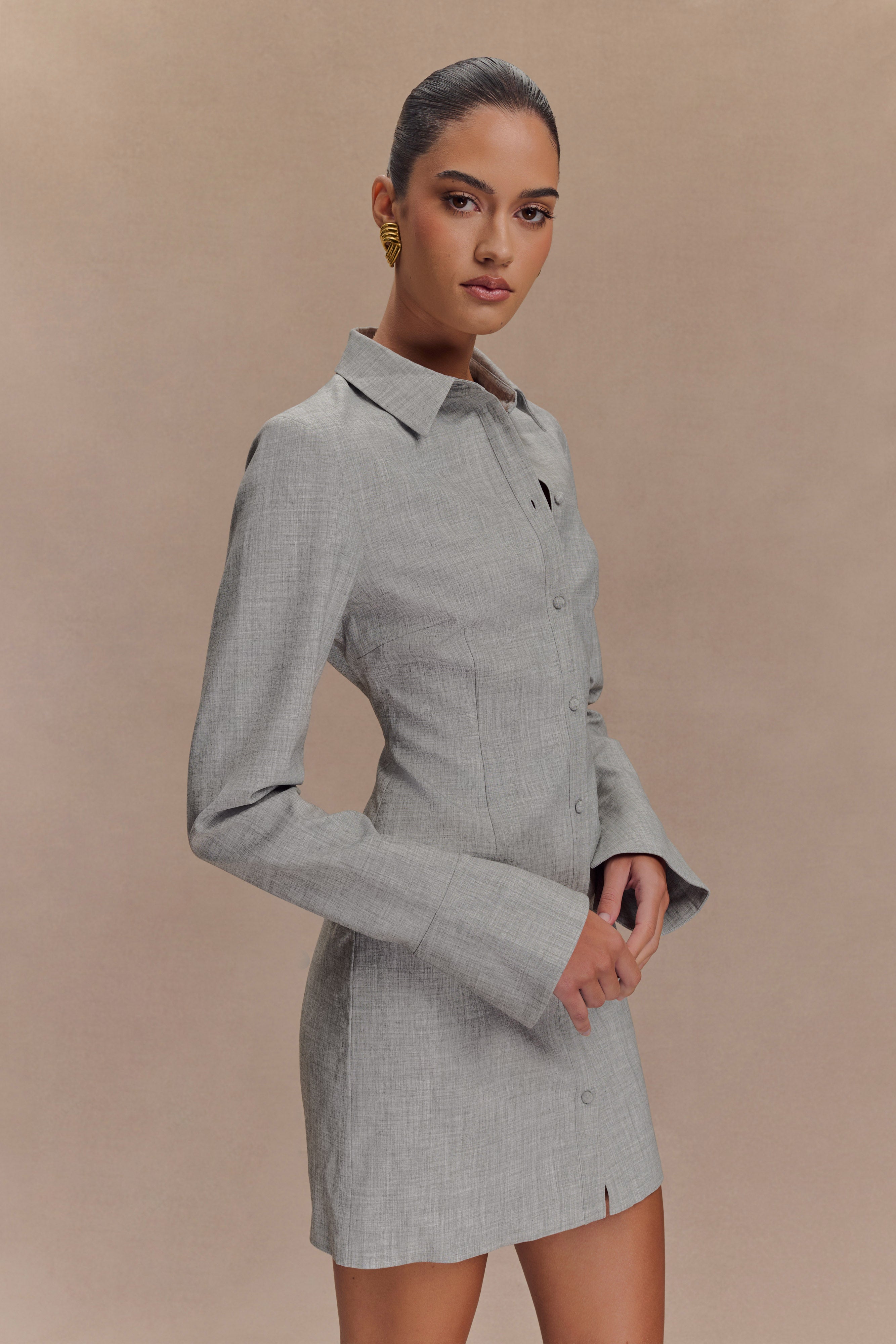 Dorian Fitted Shirt Mini Dress - Charcoal Marle、mySite、solidvoid