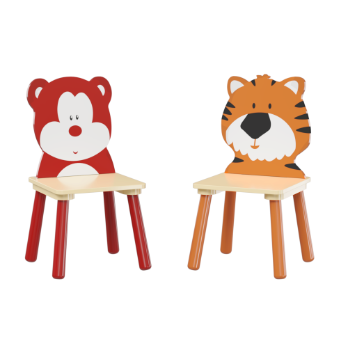 Kids Table and 2 Chairs Set, 3 Pieces Toddler Table and Chair Set, Wooden Activity Play Table Set (Lion&Monkey)、、casual