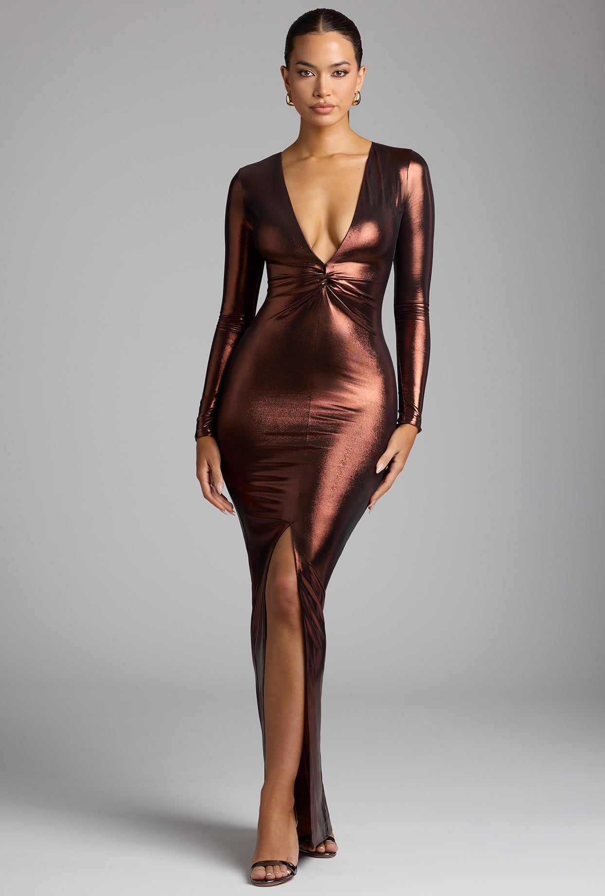 Long Sleeve Metallic Jersey Evening Gown in Copper Bronze、mySite、solidvoid
