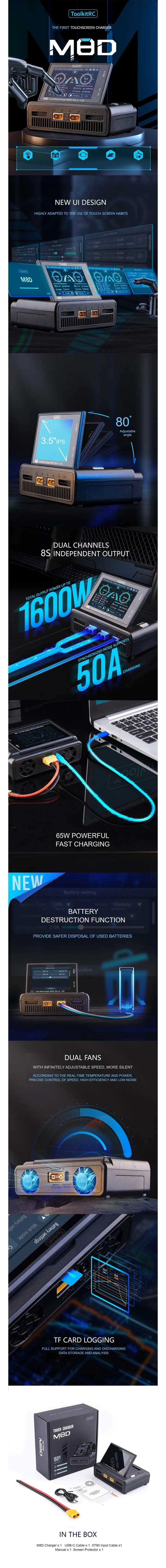 ToolkitRC M8D 1600W 50A 1-8S Touch-Screen Dual Channel DC Smart charger - XT60