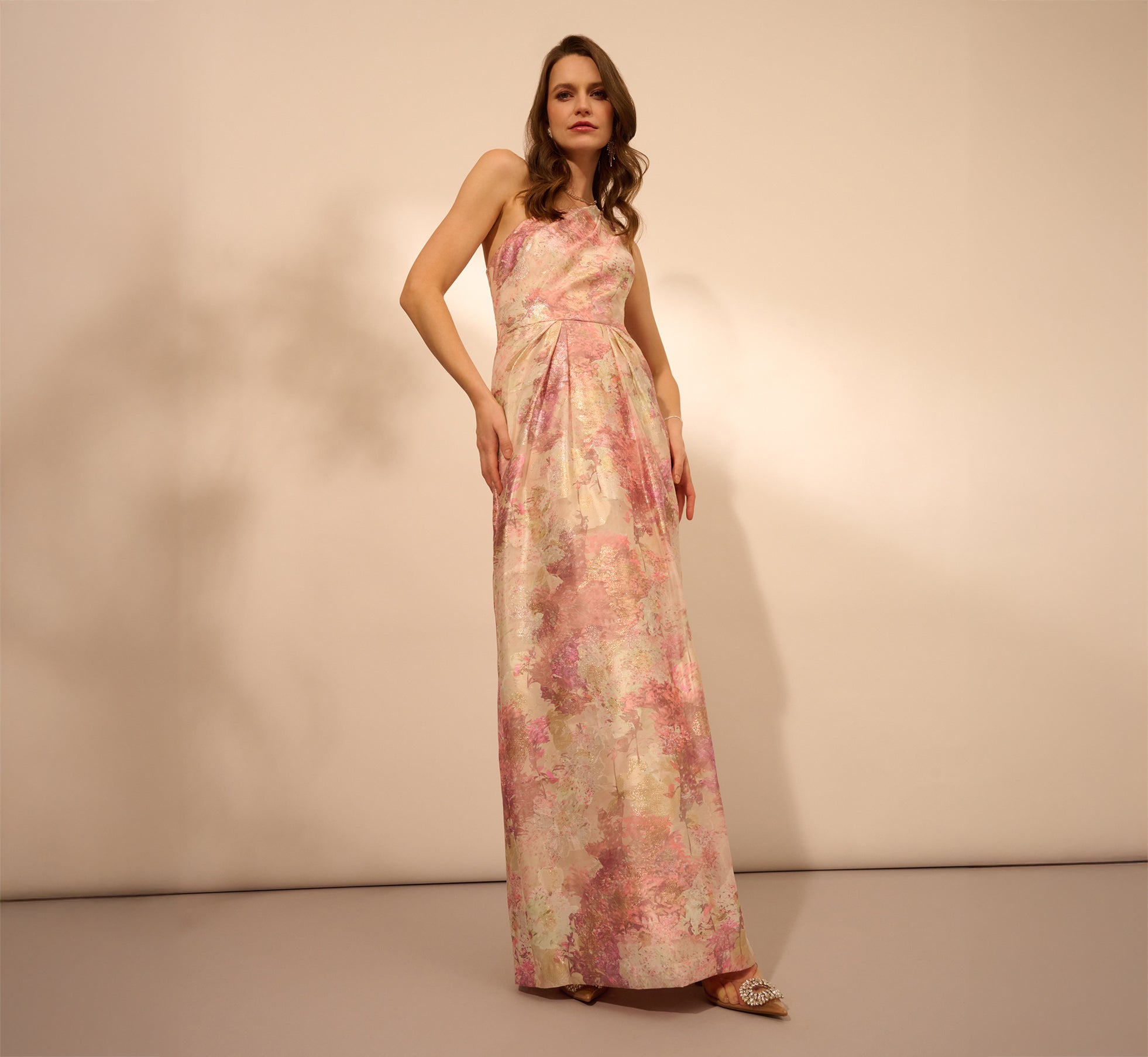 One Shoulder Pleated Jacquard Column Gown In Pink Multi、mySite、solidvoid