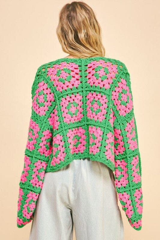 Davi & Dani Full Size Two Tone Flower Square Crochet Open Front Cardigan、mySite、camillekostekn