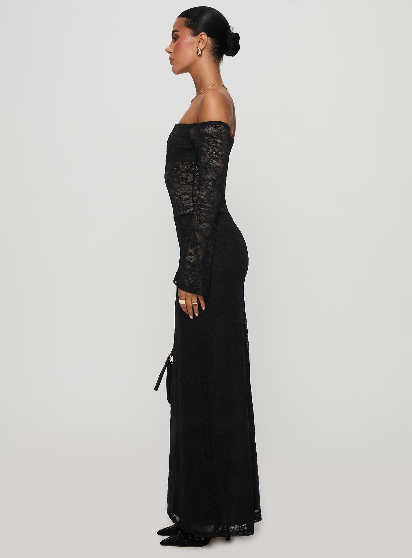 Pinot Grigio Long Sleeve Lace Maxi Dress Black、mySite、solidvoid