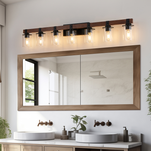 (Same as W1340119957/L1016) 27" Rustic 4-Light Vanity Light, Industrial Bathroom Wall Sconce with Glass Shades and Wood Accent, Modern Farmhouse Lighting Fixture (No Bulbs)、、eastwooduniform