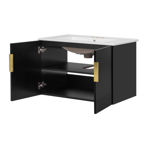 30" Vintage Bathroom Vanity with Ceramic Sink, with 3 Holes Single Ceramic Sink, Bathroom Storage Vanity Cabinet with 2 Soft Closing Doors、、xpatfood