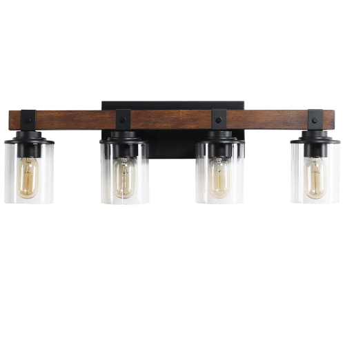 50" Rustic 7-Light Vanity Light, Industrial Bathroom Wall Sconce with Glass Shades and Wood Accent, Modern Farmhouse Lighting Fixture (No Bulbs)、、eastwooduniform