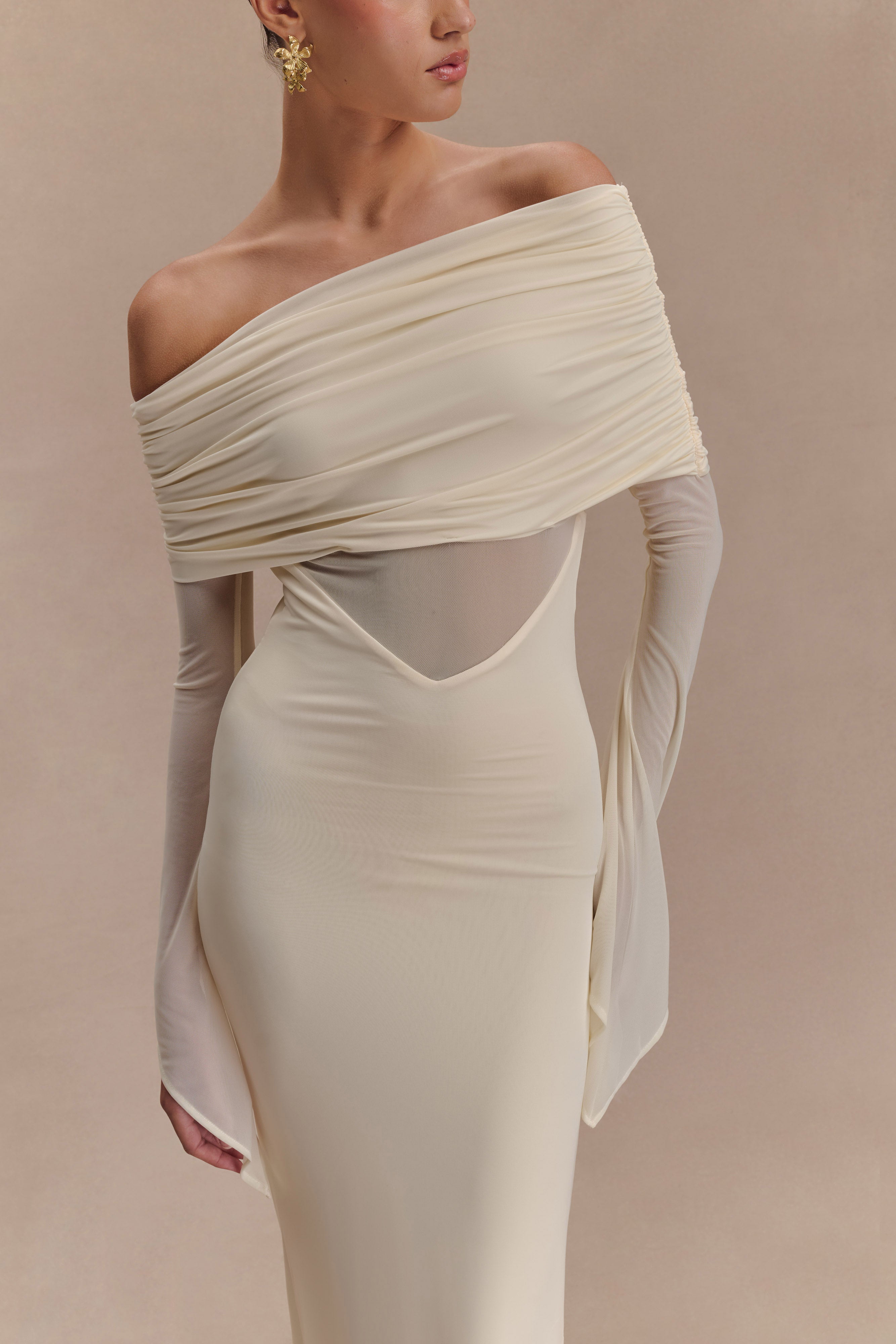 Kaitlin One Shoulder Slinky And Mesh Maxi Dress - Ivory、mySite、solidvoid