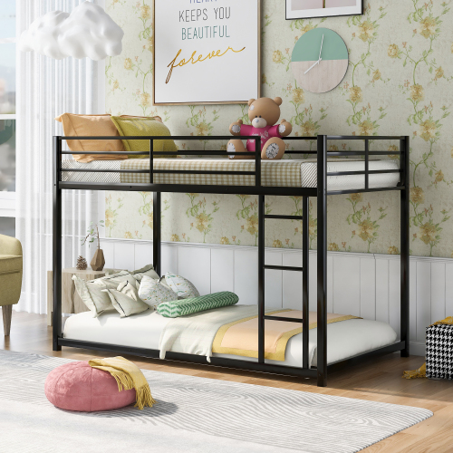 Full over Full Metal Bunk Bed, Low Bunk Bed with Ladder, Black(Old SKU:MF197034AAB)、、casual