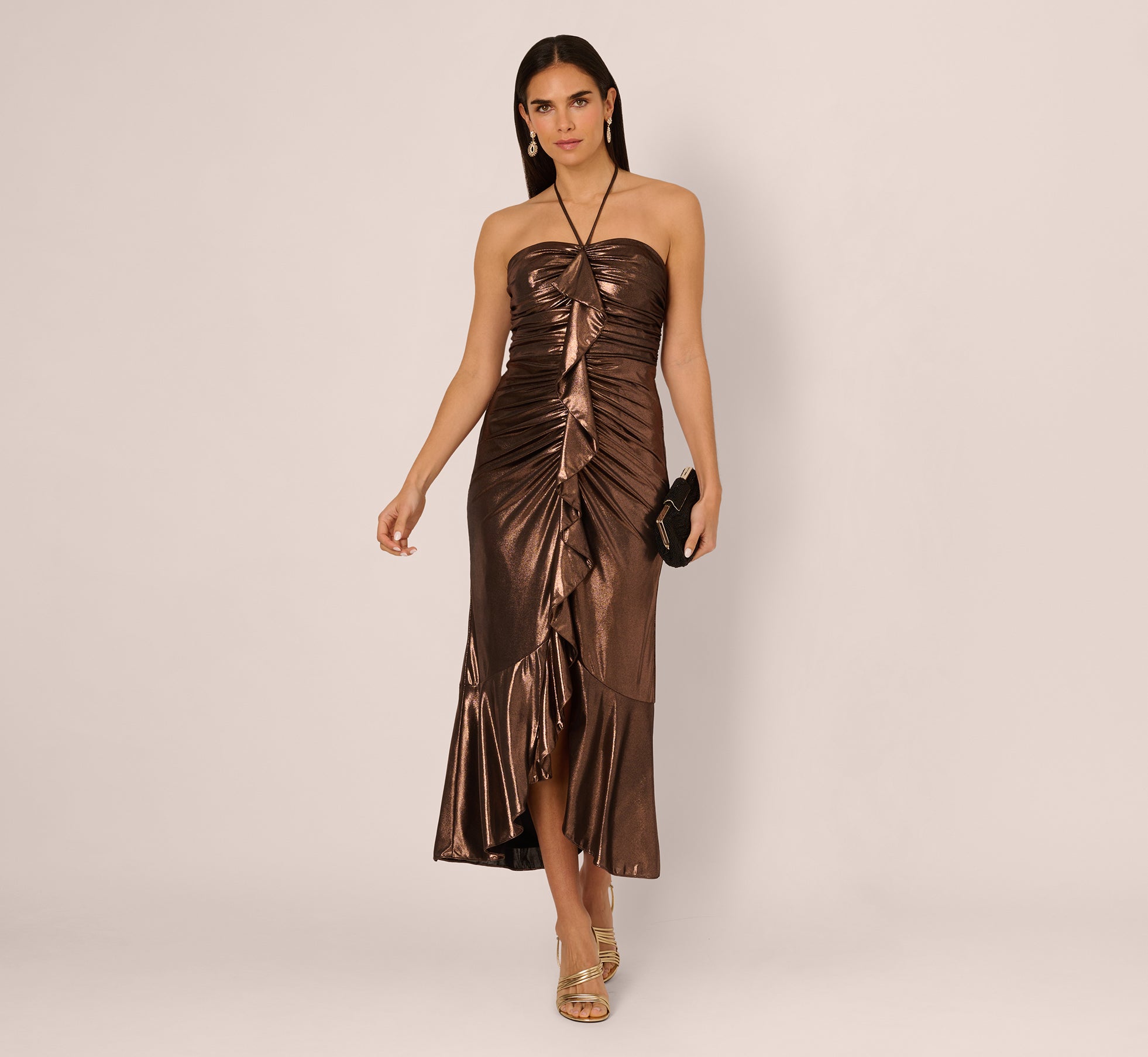 Foil Ruched Ruffle Halter Midi Dress In Cinnamon、mySite、solidvoid