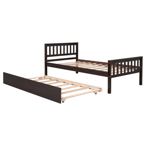 Twin Bed with Trundle, Platform Bed Frame with Headboard and Footboard, for Bedroom Small Living Space,No Box Spring Needed,White(New SKU:W504P148532)、、casual