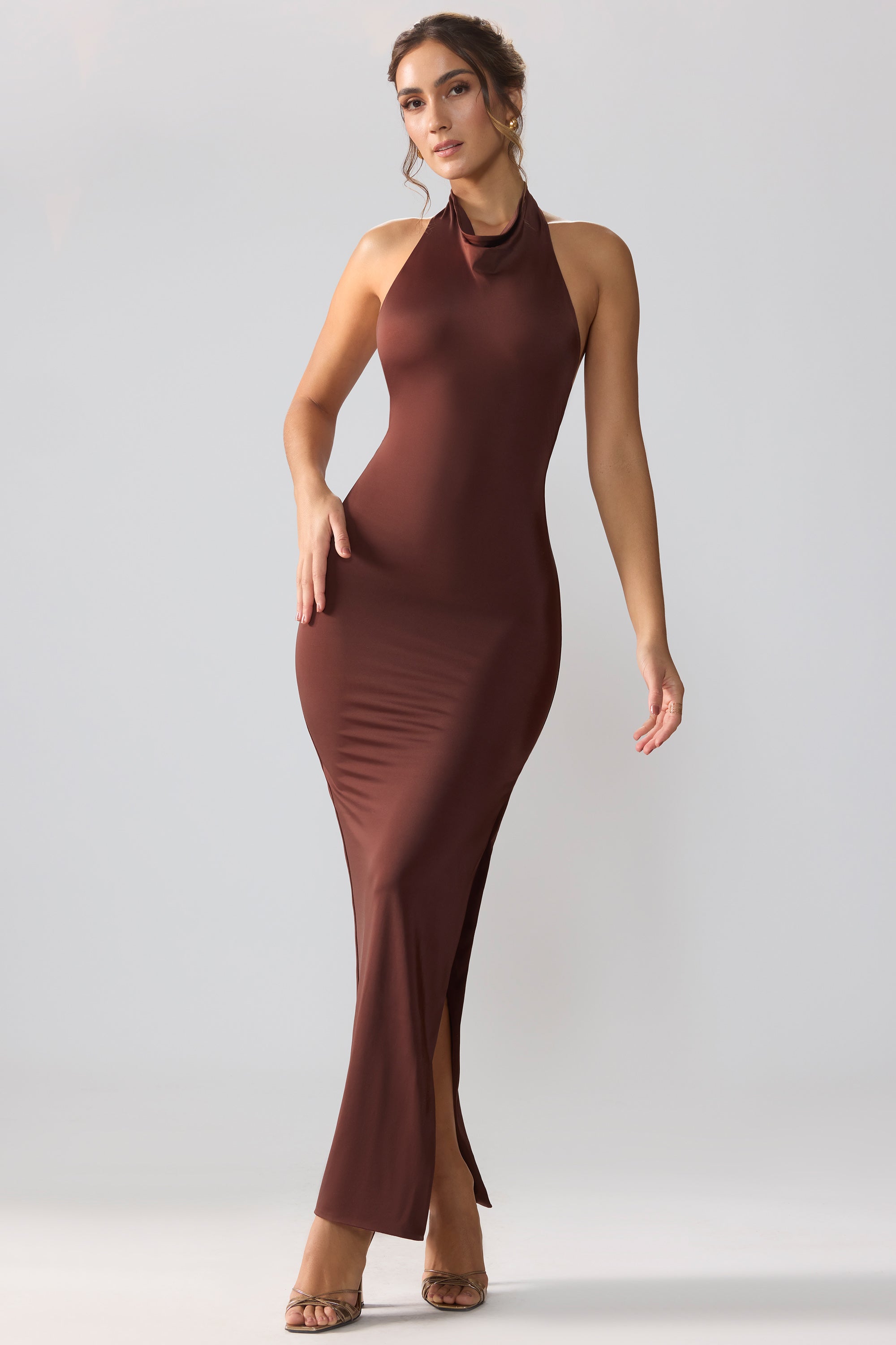 Premium Jersey Cowl Neck Backless Maxi Dress in Espresso、mySite、solidvoid