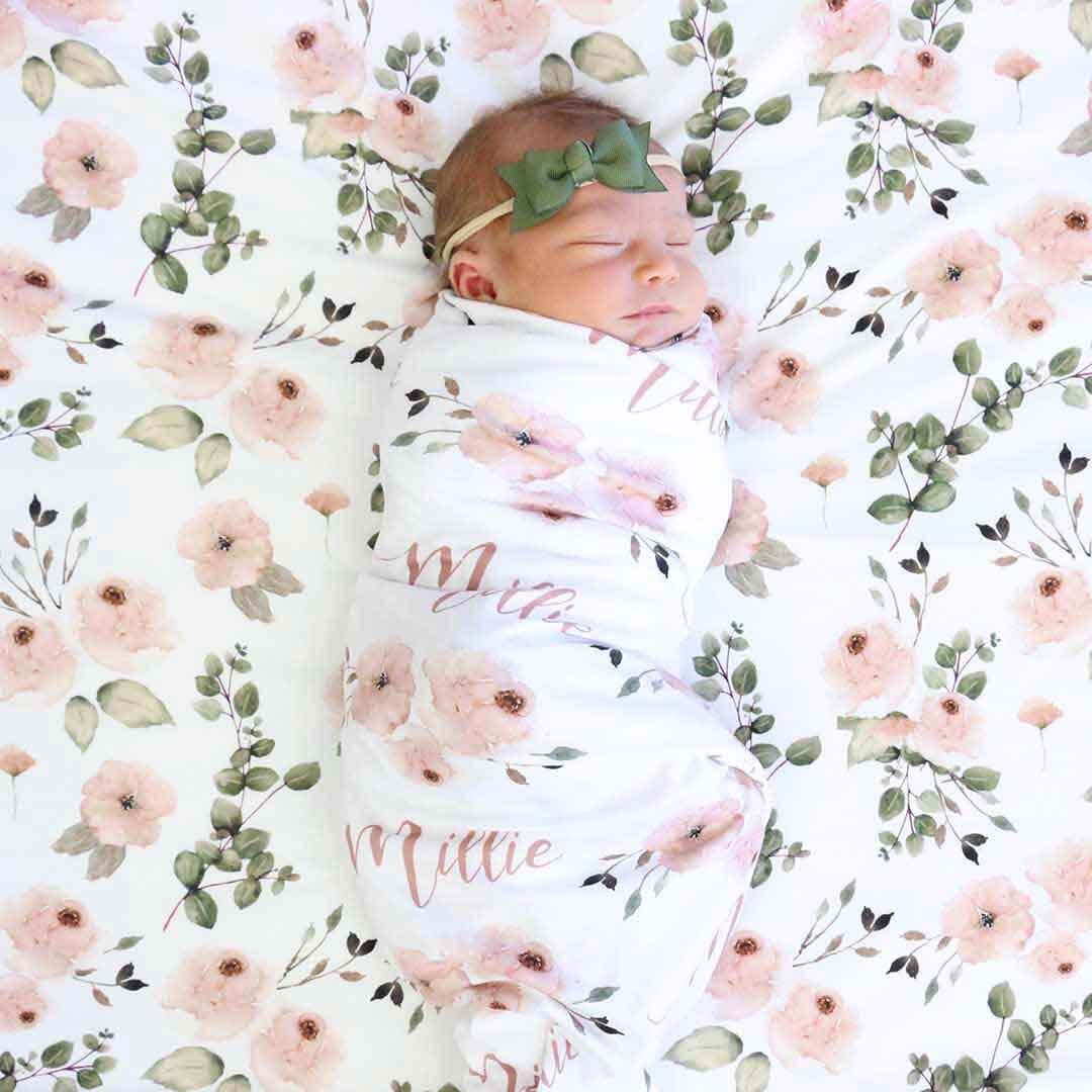  Millie's Dusty Rose Garden Personalized Baby Name Swaddle Blanket、mySite、layawaytickets