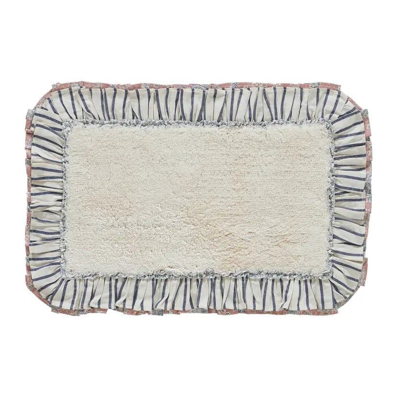 Kaila Ruffled Ticking Cream and Blue Country Farmhouse Bathmat、mySite、g9winljtr