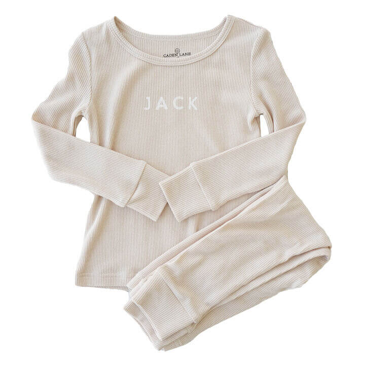  Oatmeal Bamboo Waffle Personalized Two Piece Pajama Set、mySite、layawaytickets
