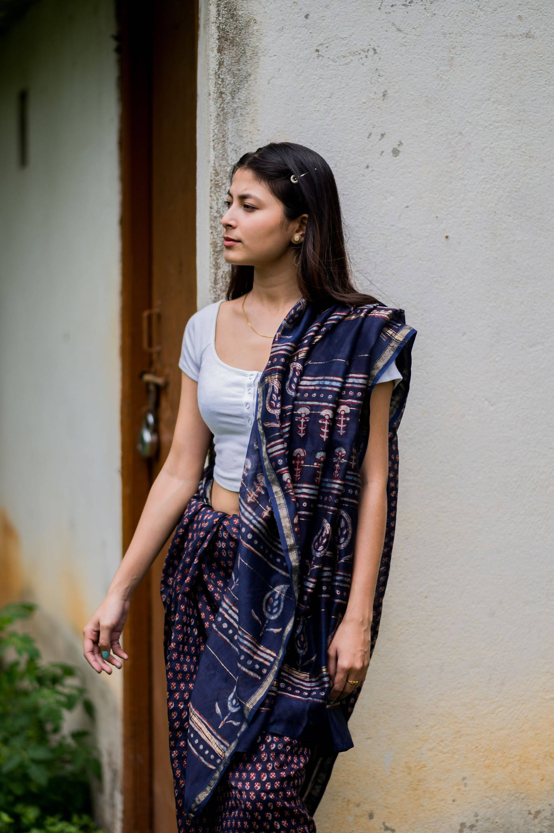 Natural Dyed Navy Blue Dabu Printed Chanderi Saree、mySite、camillekostekn