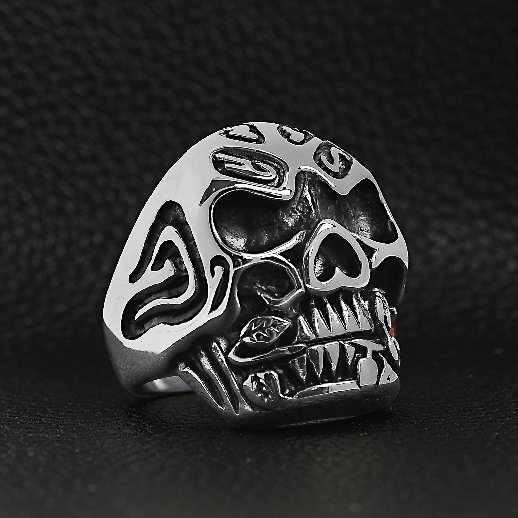 Stainless Steel Large Filigree Skull Biting Red CZ Rose Ring / SCR4000、mySite、dreamappss