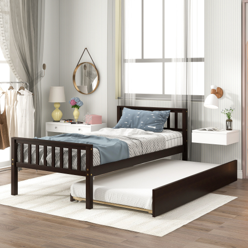 Twin Bed with Trundle, Platform Bed Frame with Headboard and Footboard, for Bedroom Small Living Space,No Box Spring Needed,Grey(New SKU:W504P148530)、、casual