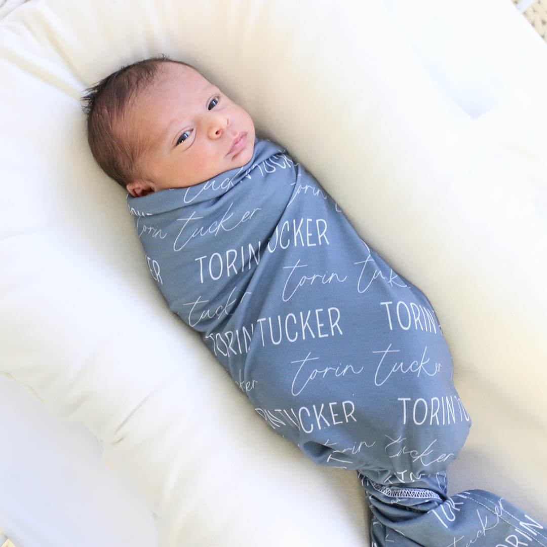  Personalized Dusty Blue Baby Name Swaddle Blanket - Block & Script、mySite、layawaytickets