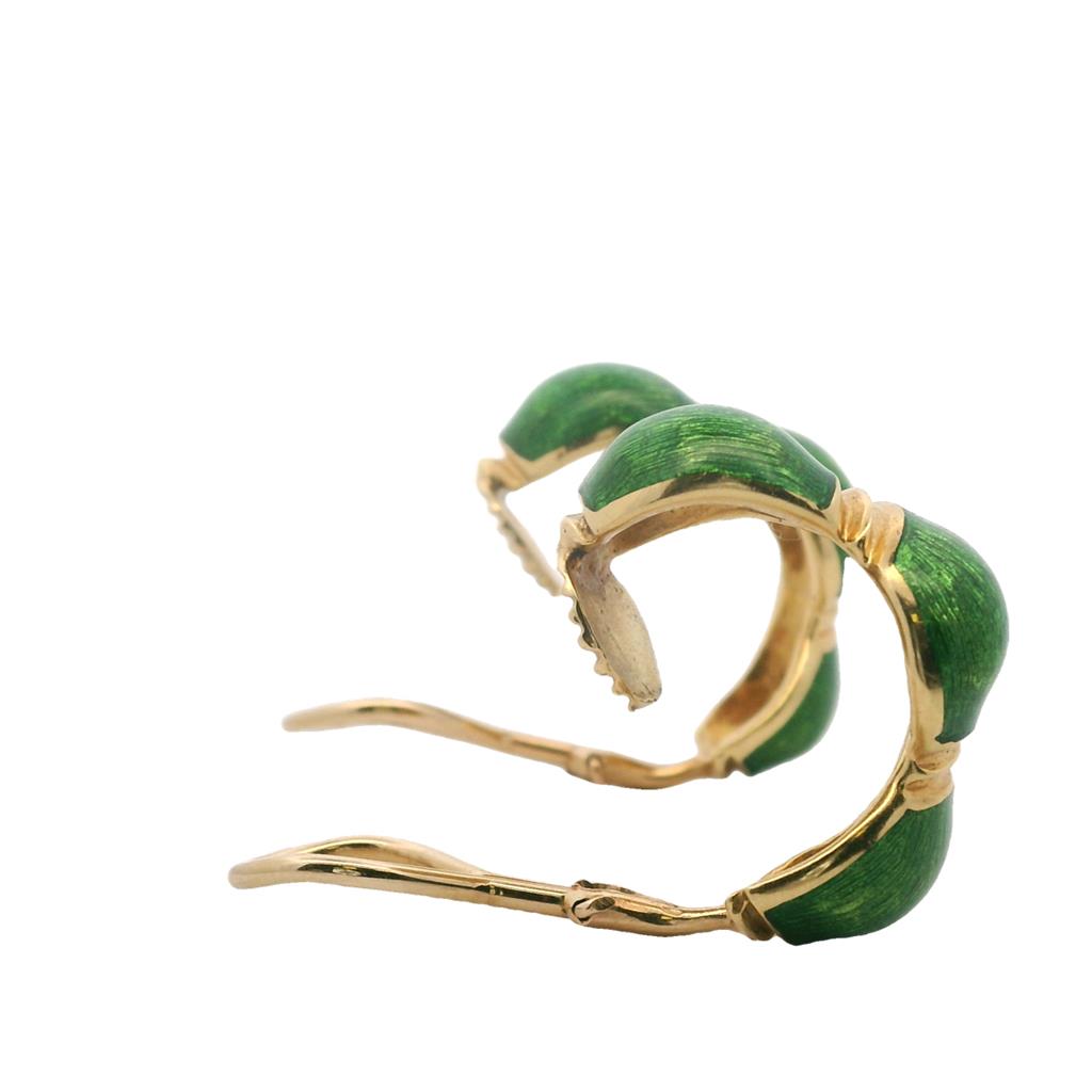  Estate 18K Yellow Gold Green Enamel Clip On Hoop Earrings