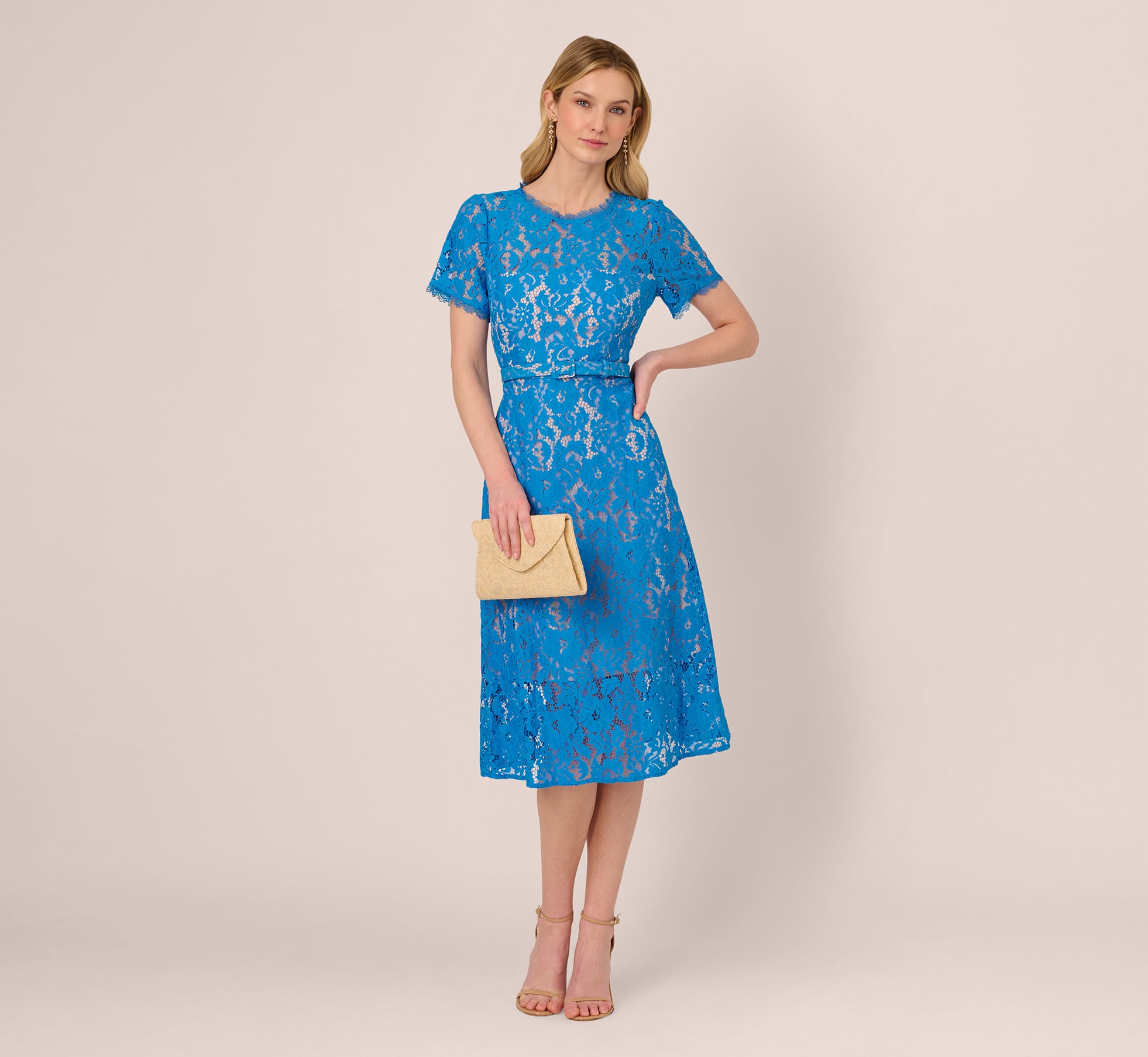Short Sleeve Belted Lace Midi Dress In Blue Wave、mySite、solidvoid