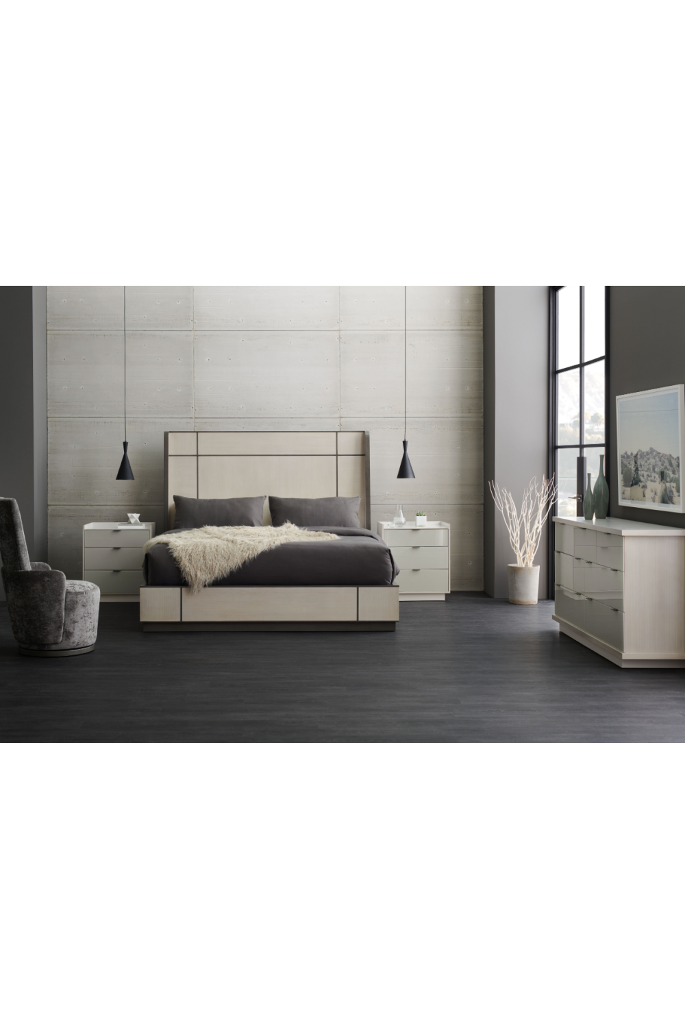 Taupe Modern Bed | Caracole Repetition Wood、mySite、neckold