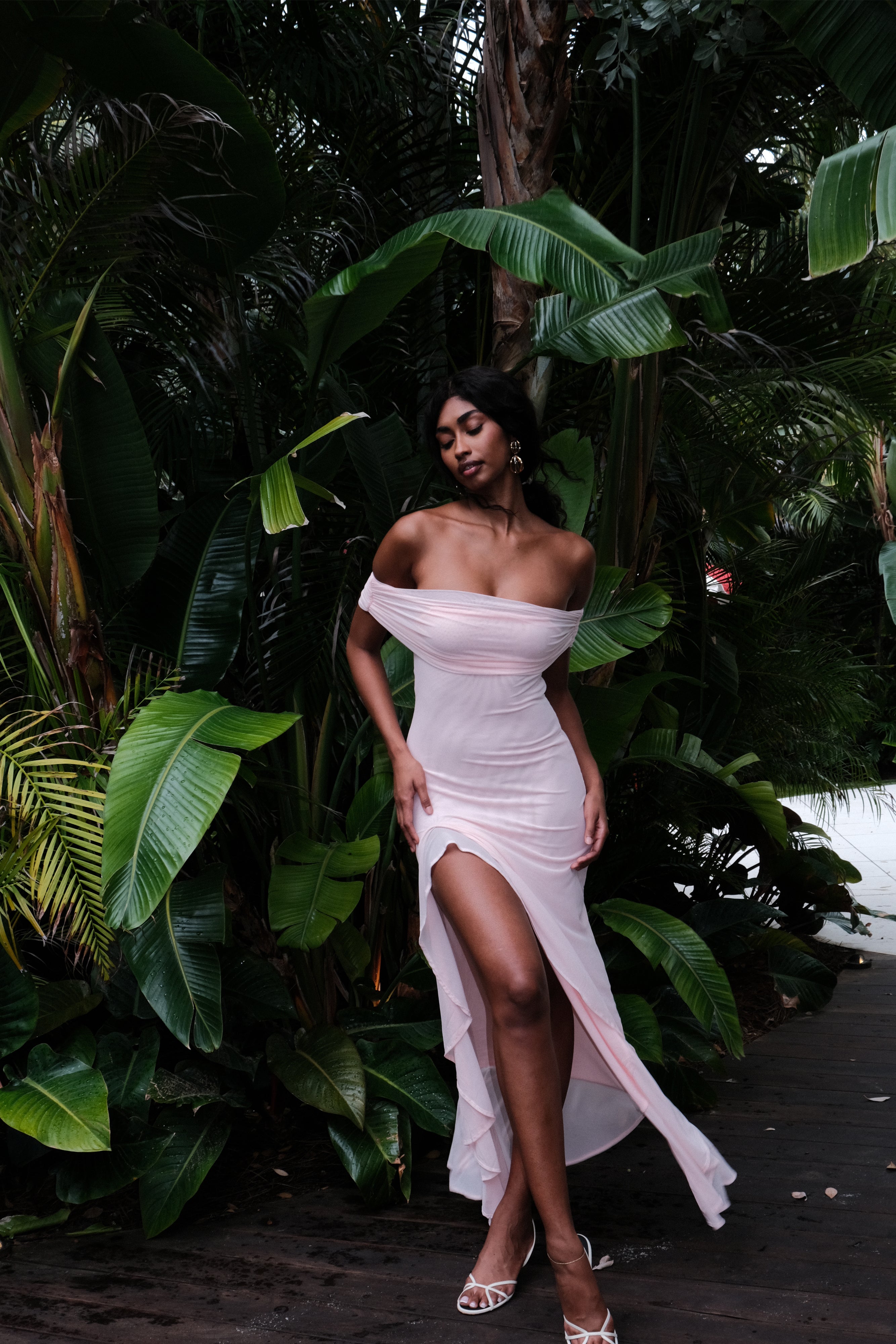 Audrey Off Shoulder Mesh Maxi Dress - Pale Pink、mySite、solidvoid