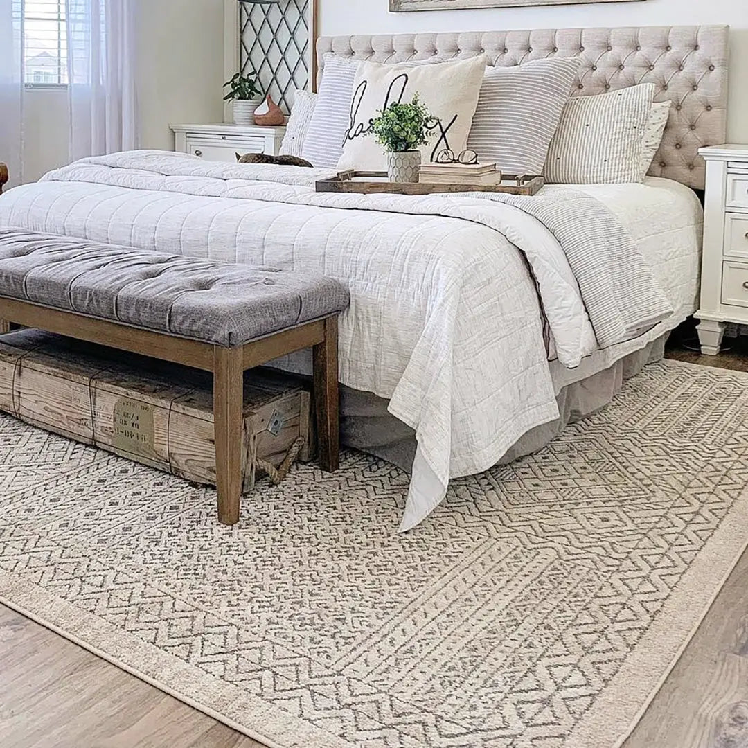 Lyre Tribal Mosaic Tile-Work Beige & Grey Distressed High-Low Rug、mySite、gigharbornorthrealestate