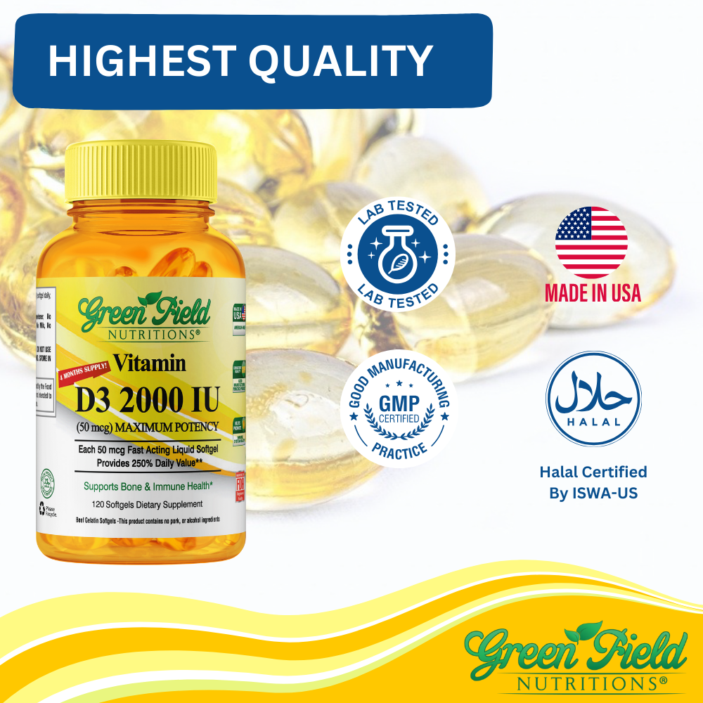 Greenfield Nutritions - Halal vitamins D3 2000 IU - Immunity and Bone Supports - 120 Softgels - Halal Beef Gelatin、mySite、topwebapps