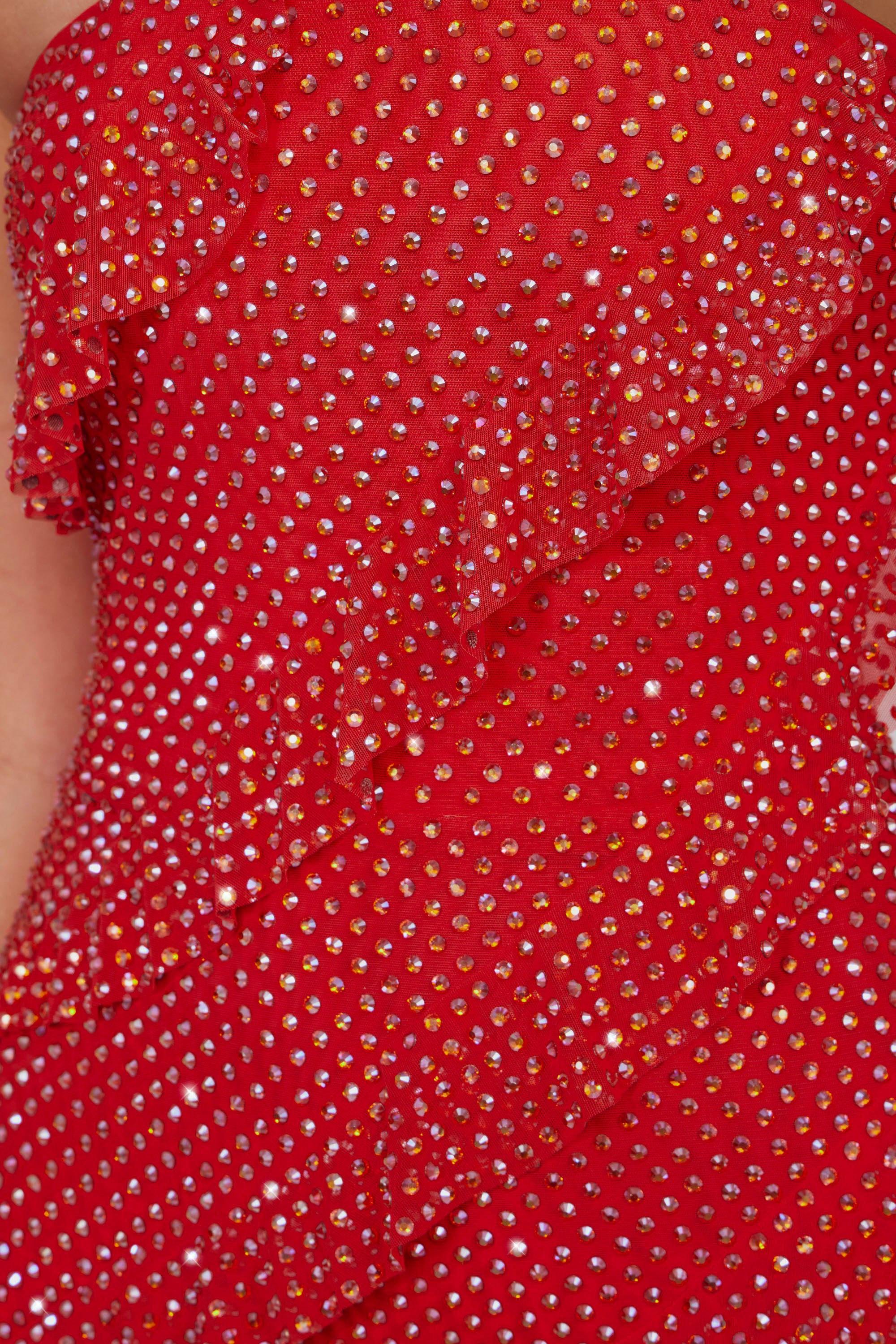 Embellished Strapless Ruffle Maxi Dress in Fire Red、mySite、solidvoid